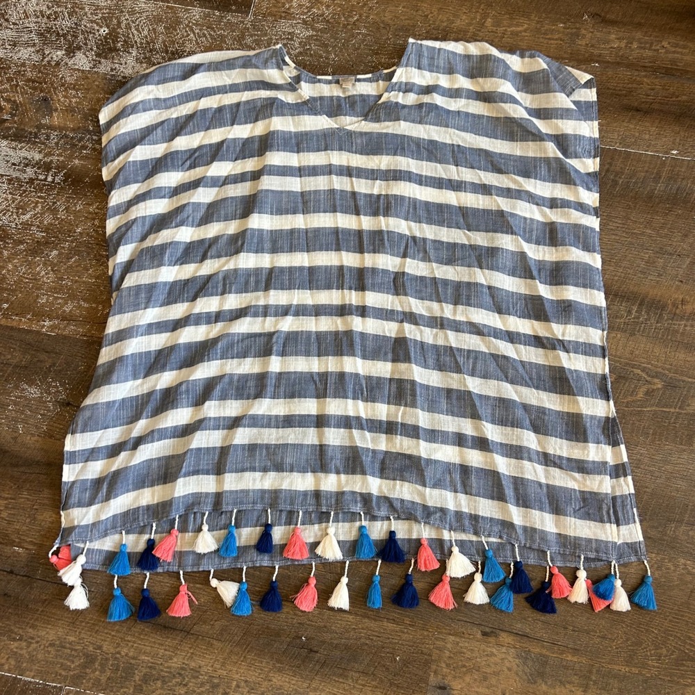 Loft Beach Striped Tassel Fringe Swim Cover Up Poncho Blue White XS/S